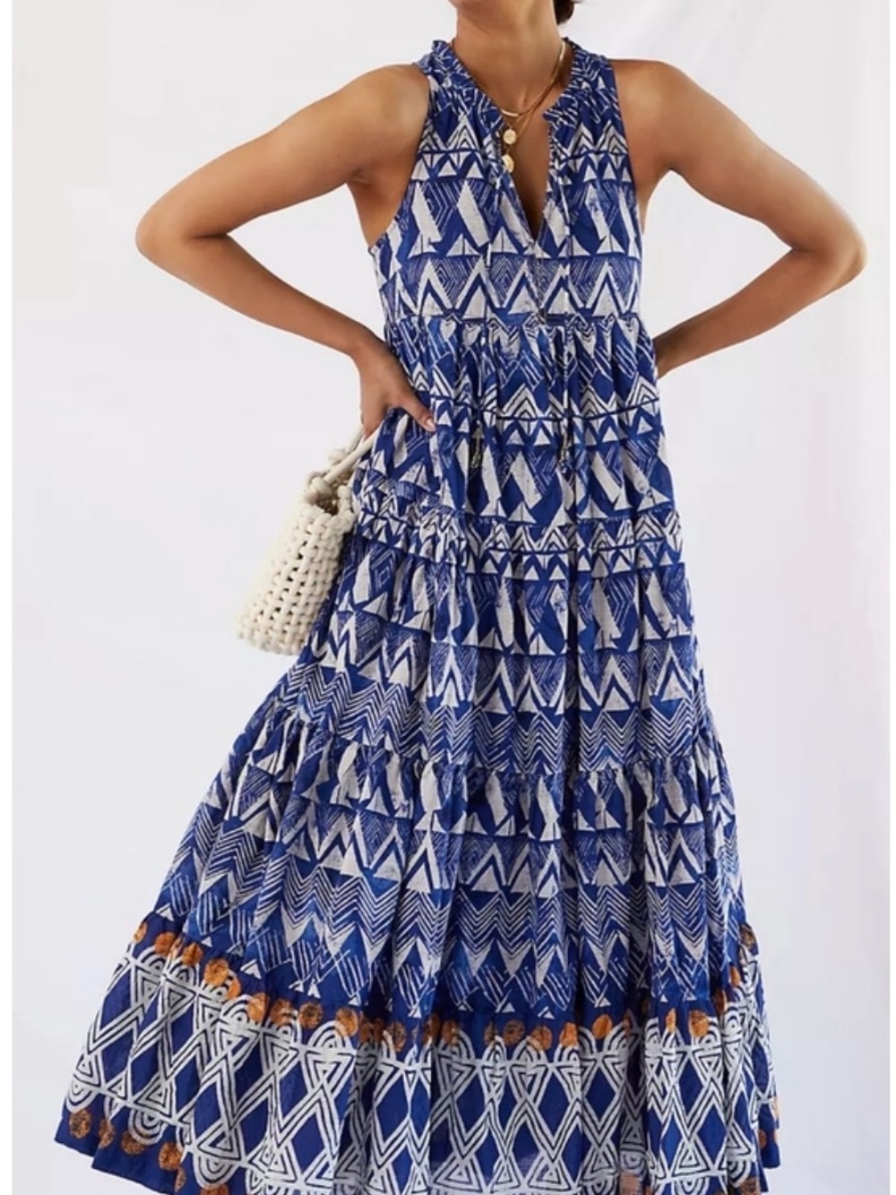 Anthropologie Blue and White Geometric Tiered Maxi Dress with Gold Hem Accents